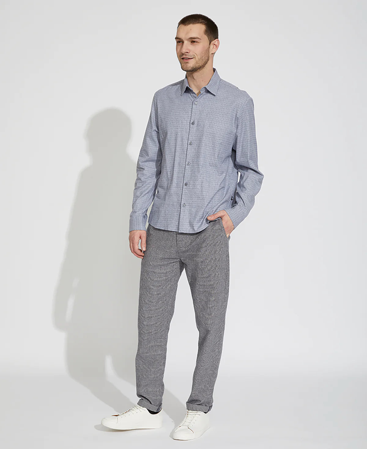 Wholesale,Civil Society, Civil Society Blue Grey Grid Print Knit Long Sleeve Button Up Shirt, Blue, Medium-44-TagM