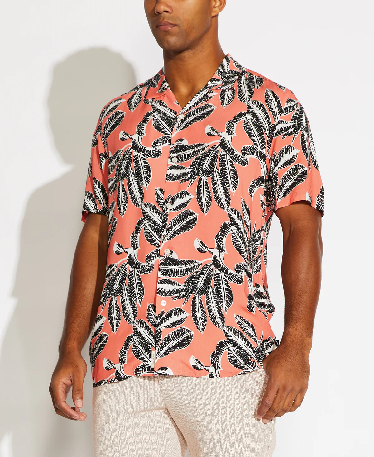 Wholesale,Civil Society, Civil Society Bright Pink With Black Leaf Print Short Sleeve Button Up Shirt, Pink, Large-46-TagL