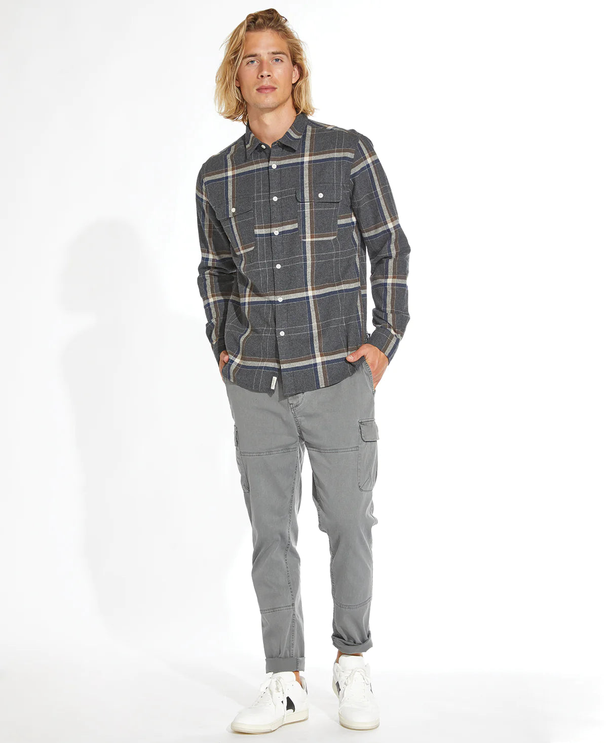 Wholesale,Civil Society, Civil Society Dark Charcoal Grey Large Plaid Flannel Button Up Shirt, Grey, Extra Extra Large-52-TagXXL