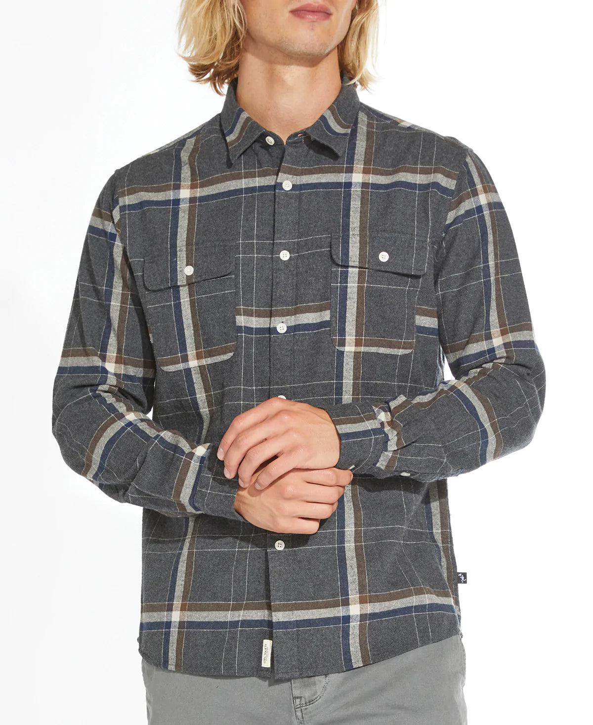 Wholesale,Civil Society, Civil Society Dark Charcoal Grey Large Plaid Flannel Button Up Shirt, Grey, Medium-44-TagM