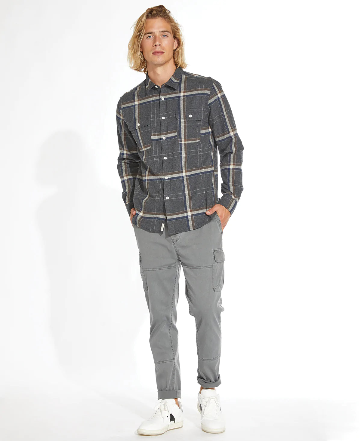 Wholesale,Civil Society, Civil Society Dark Charcoal Grey Large Plaid Flannel Button Up Shirt, Grey, Extra Large-47-TagXL