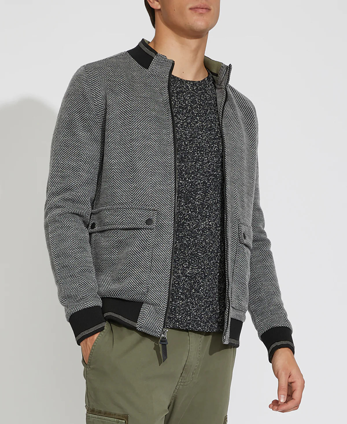 Wholesale,Civil Society, Civil Society Grey/Black Herringbone Knit Bomber Jacket, Grey, Large-44-TagL