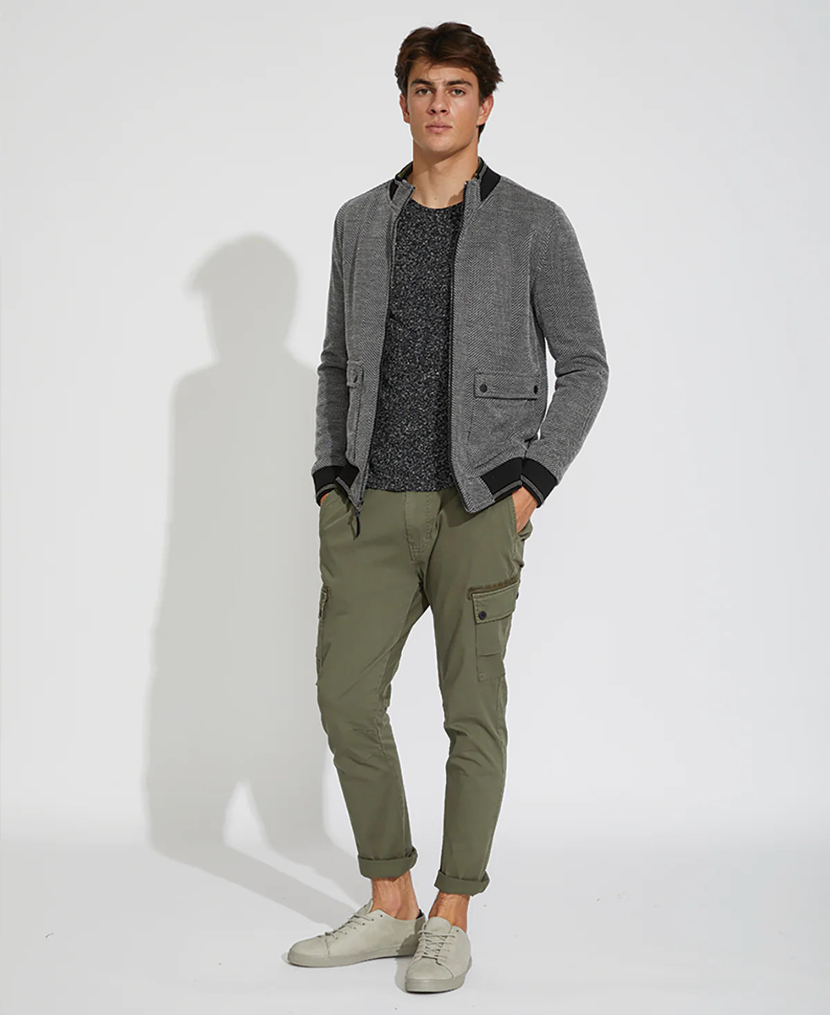 Wholesale,Civil Society, Civil Society Grey/Black Herringbone Knit Bomber Jacket, Grey, Large-44-TagL
