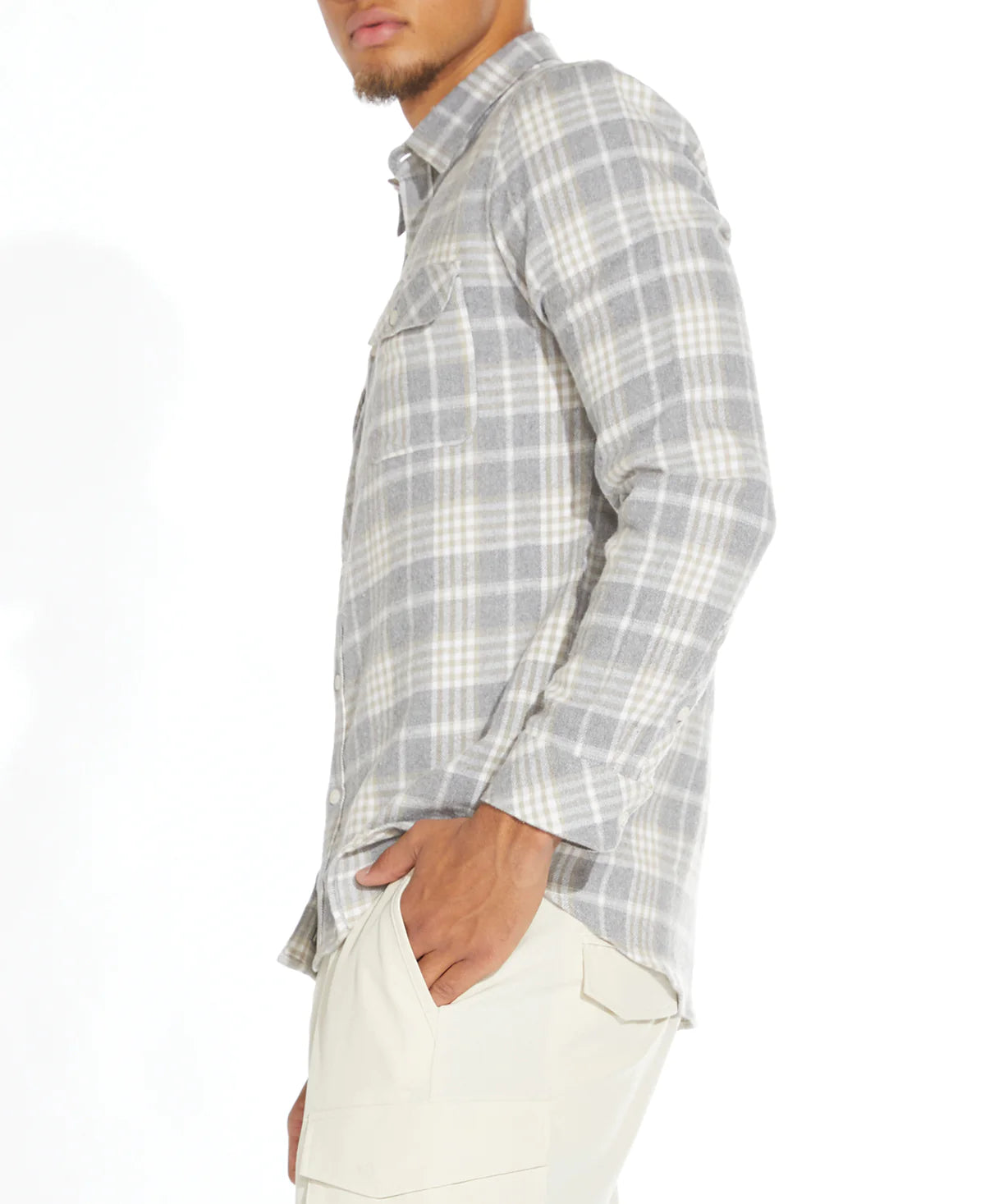 Wholesale,Civil Society, Civil Society Light Grey And Cream Plaid Flannel Button Up Shirt, Grey, Large-45-TagXL