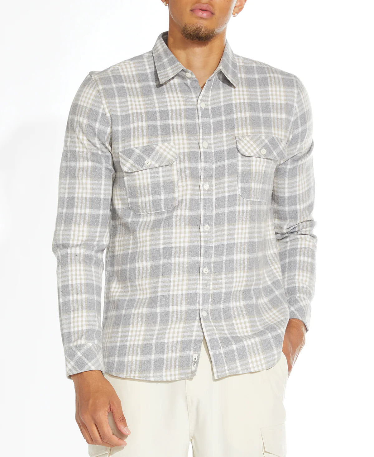 Wholesale,Civil Society, Civil Society Light Grey And Cream Plaid Flannel Button Up Shirt, Grey, Medium-44-TagM