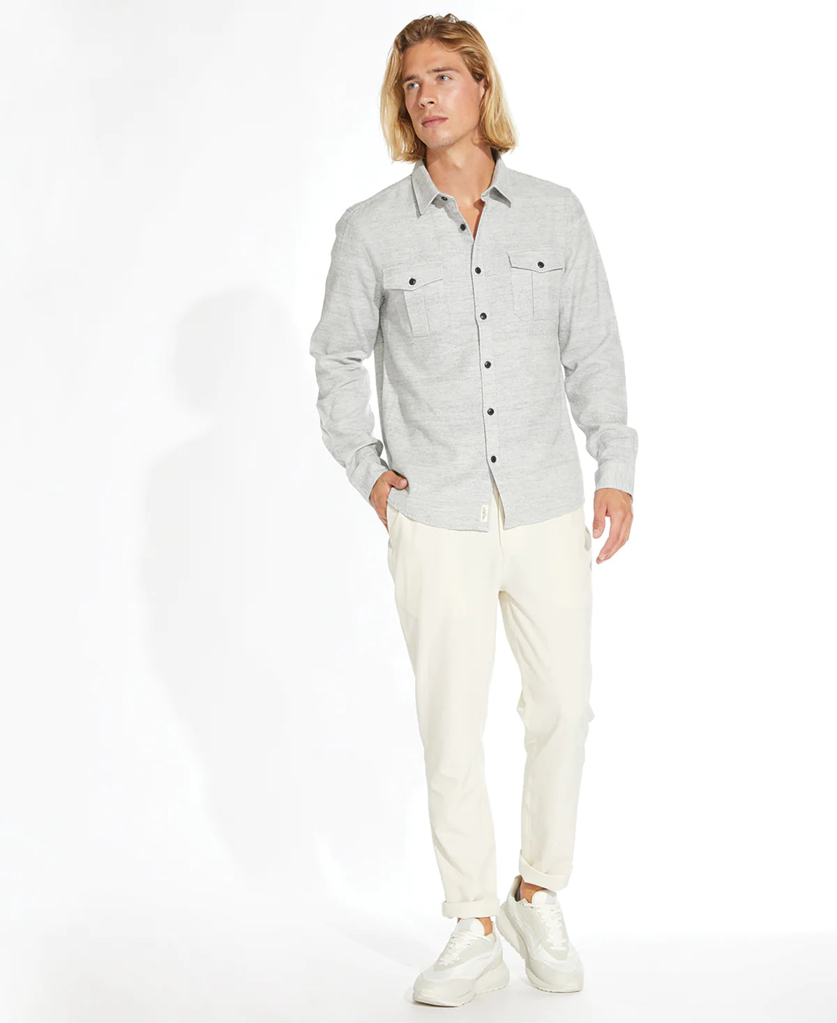 Wholesale,Civil Society, Civil Society Light Grey Heathered Knit Button Up Long Sleeve Shirt, Grey, Small-42-TagS