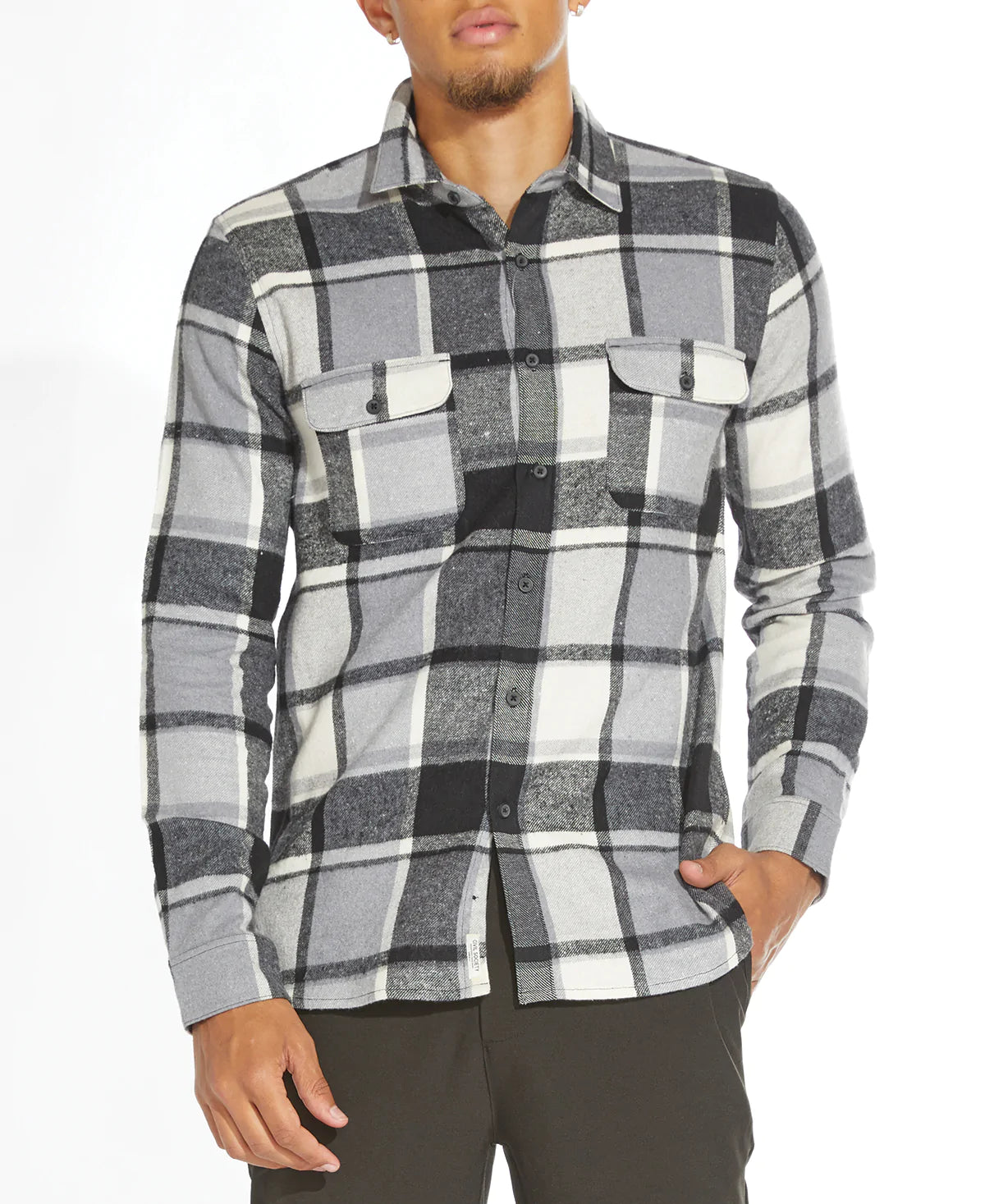 Wholesale,Civil Society, Civil Society Multi Grey Plaid Flannel Button Up Shirt With Double Front Chest Pockets, Grey, Medium-43-TagM