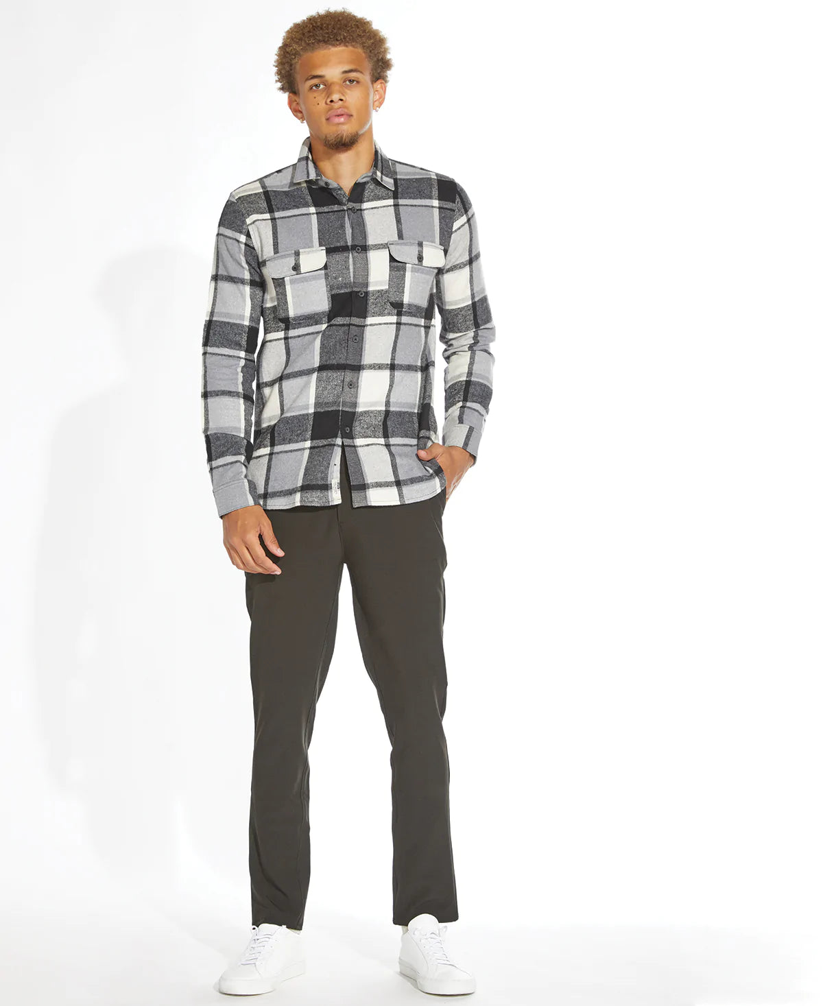 Wholesale,Civil Society, Civil Society Multi Grey Plaid Flannel Button Up Shirt With Double Front Chest Pockets, Grey, Medium-43-TagM
