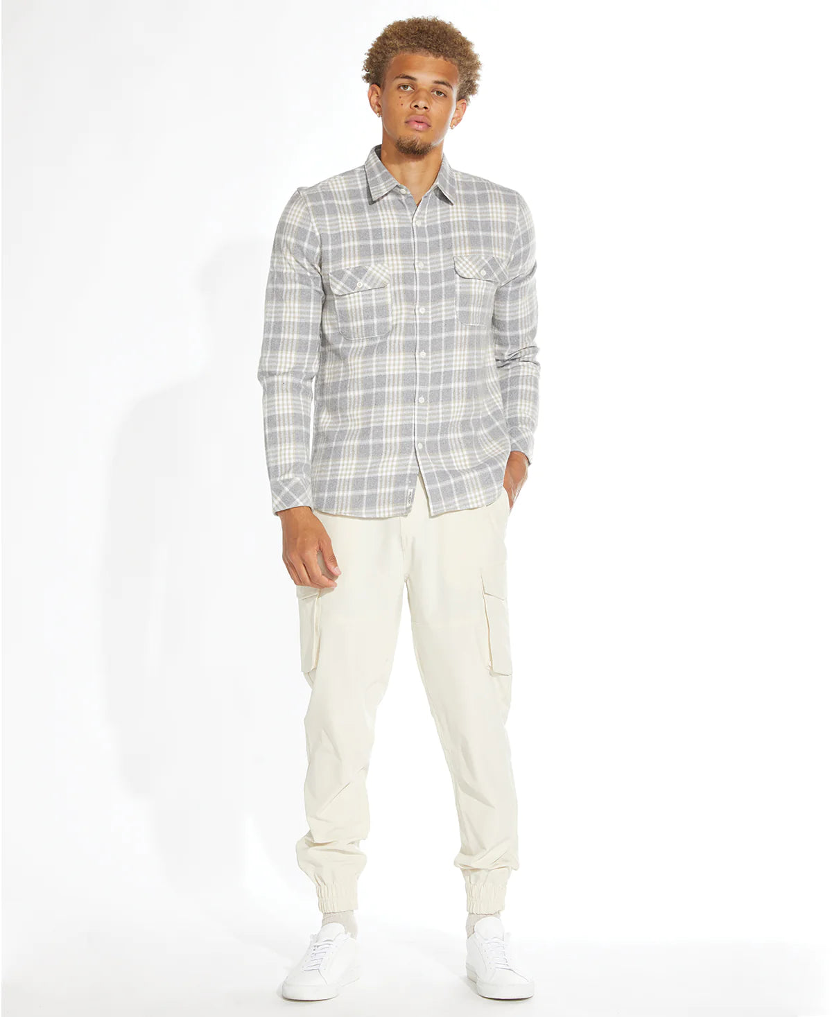 Wholesale,Civil Society, Civil Society Light Grey And Cream Plaid Flannel Button Up Shirt, Grey, Medium-44-TagM
