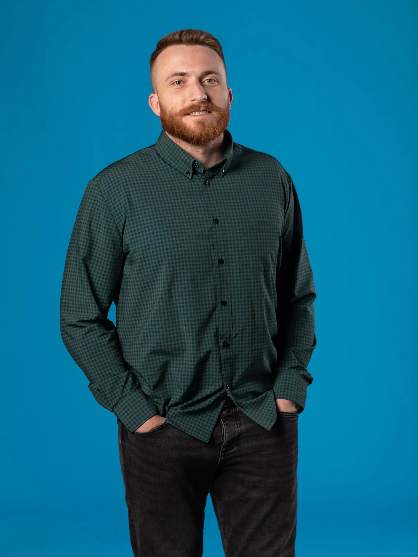 Faire,&Collar, &Collar Forest Green & Navy Gingham Print Slim Fit Long Sleeve Button Up Shirt, Green, Medium-42-TagLMedium-41-TagMSmall-38-TagSLarge-44-TagXL