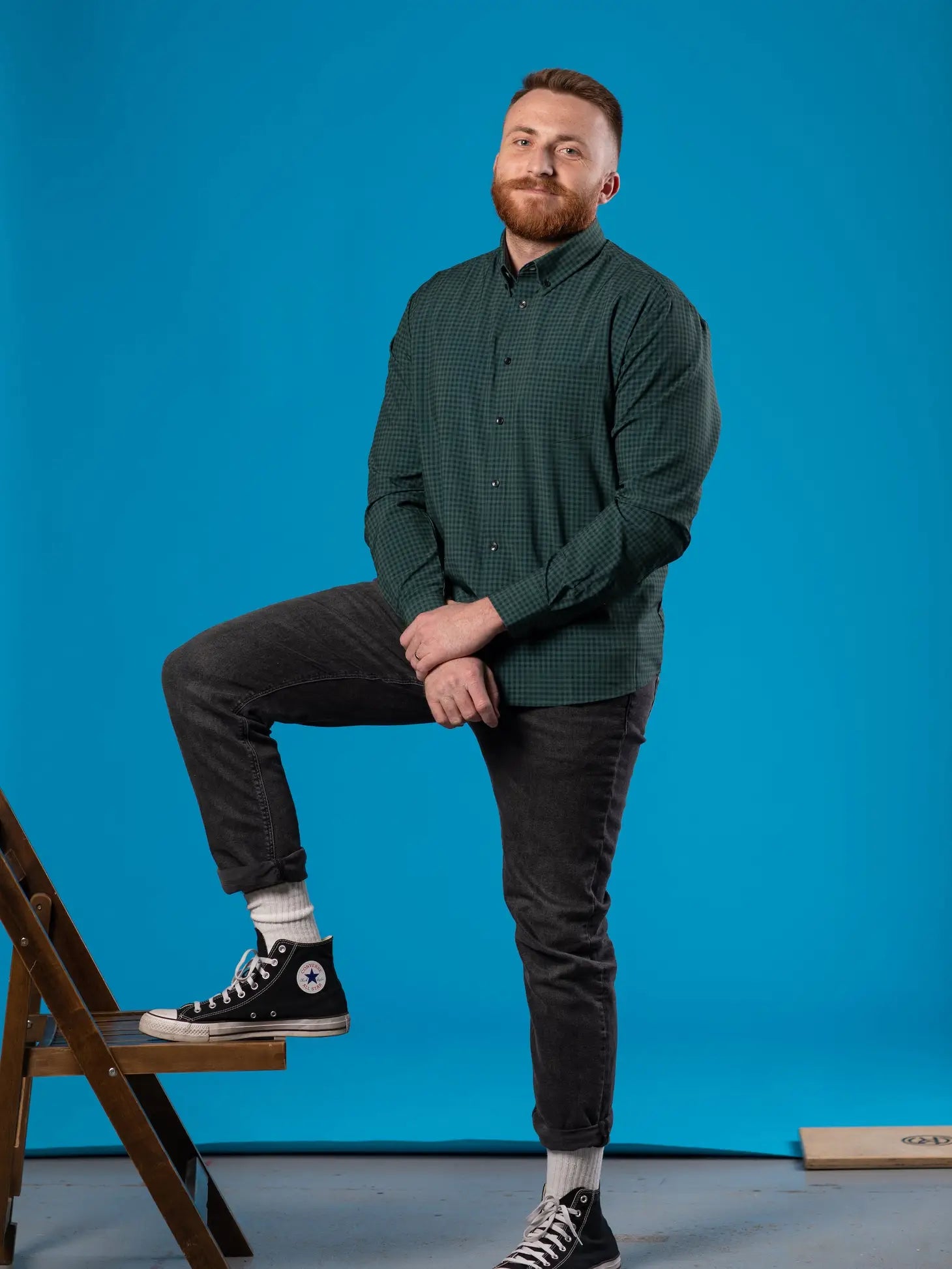 Faire,&Collar, &Collar Forest Green & Navy Gingham Print Slim Fit Long Sleeve Button Up Shirt, Green, Large-44-TagXL