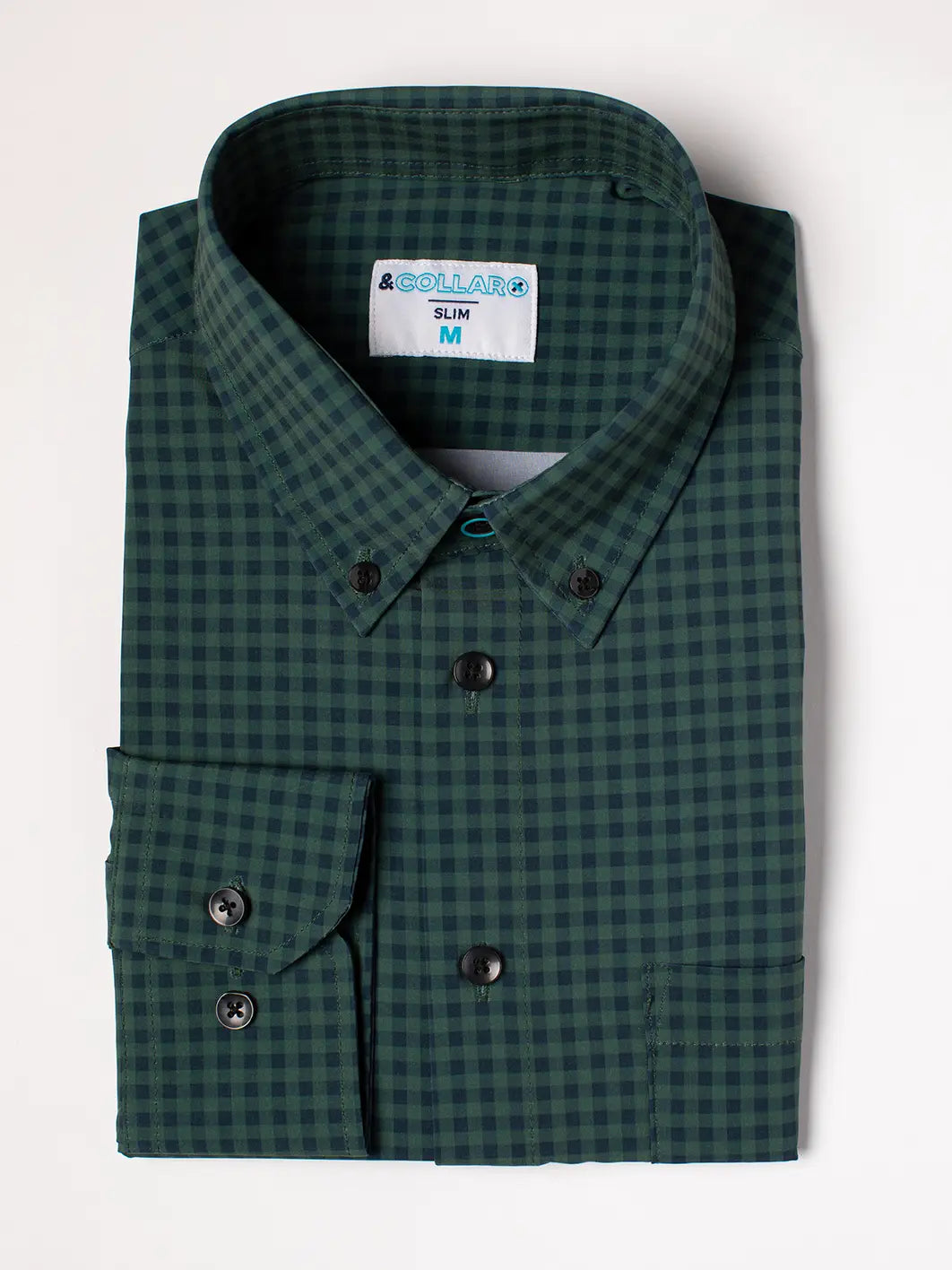 Faire,&Collar, &Collar Forest Green & Navy Gingham Print Slim Fit Long Sleeve Button Up Shirt, Green, Medium-42-TagL