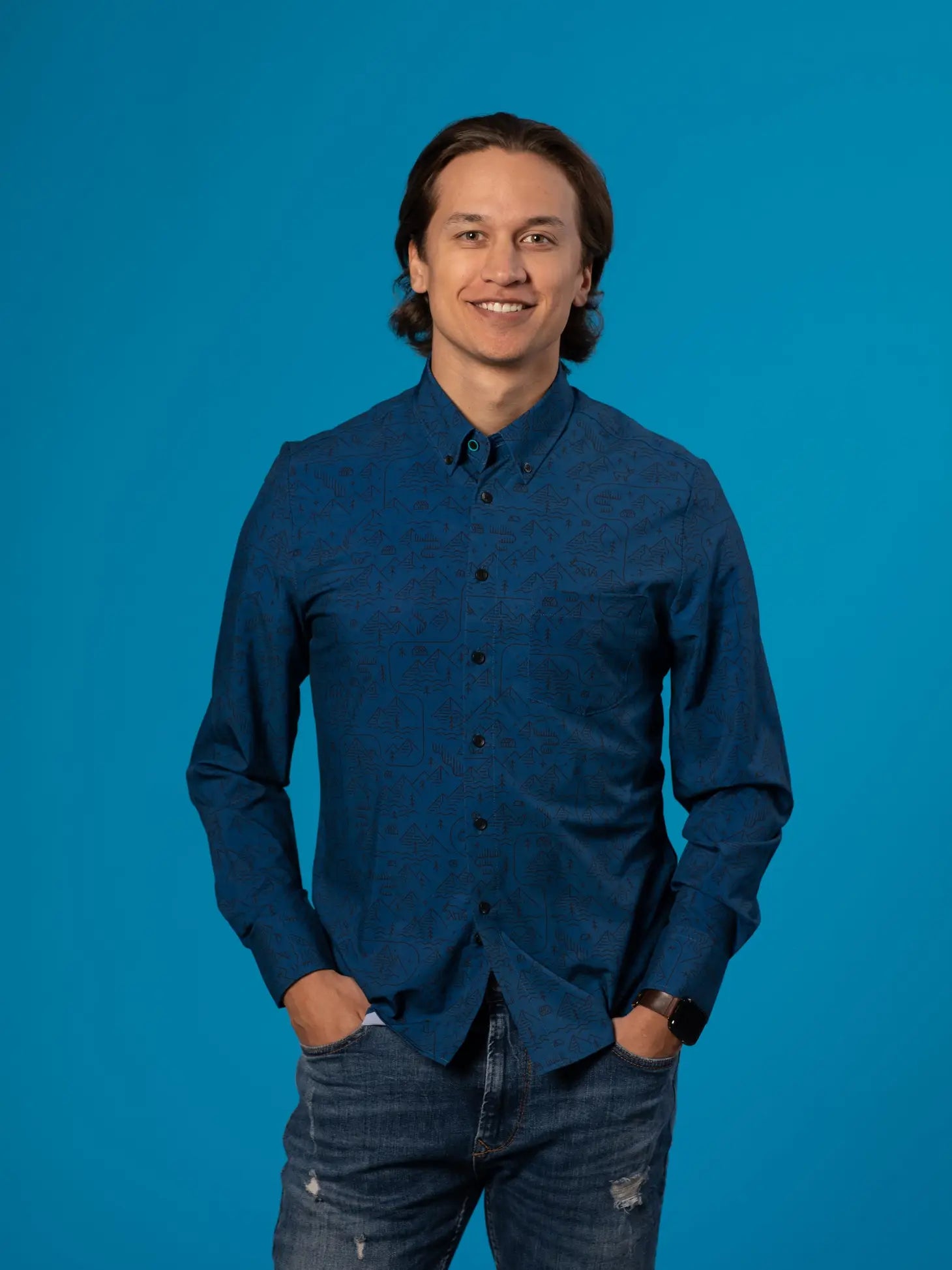 Faire,&Collar, &Collar Dark Blue Alpine Print Long Sleeve Button Up Shirt, Blue, Extra Large-50-TagL