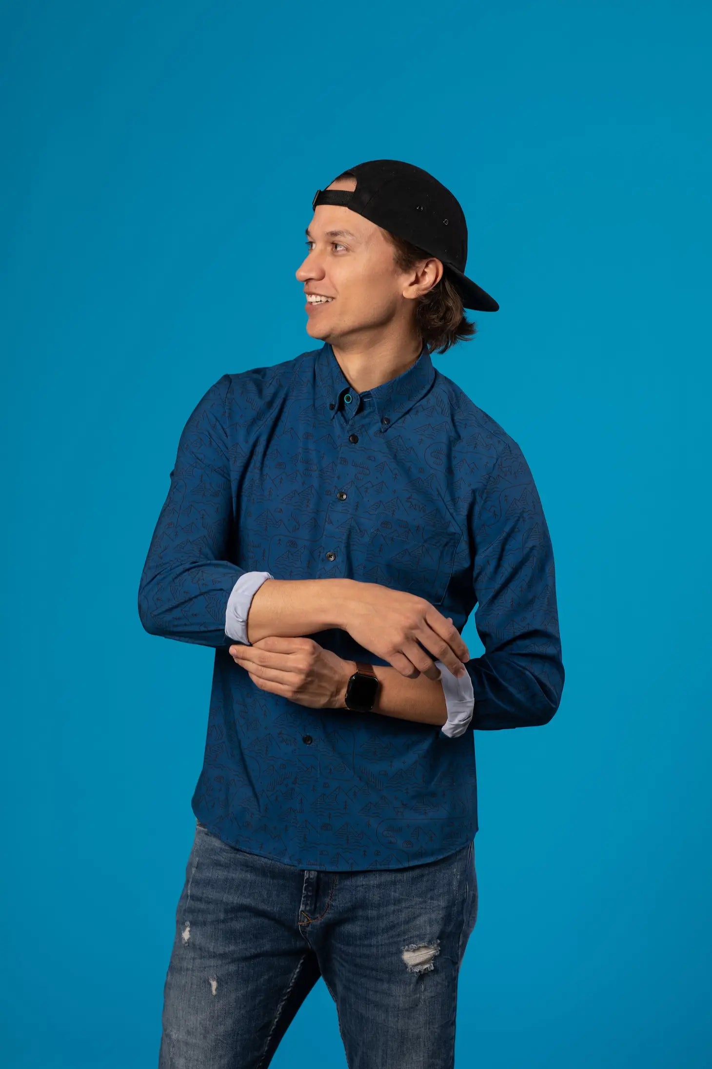 Faire,&Collar, &Collar Dark Blue Alpine Print Long Sleeve Button Up Shirt, Blue, Extra Large-50-TagL