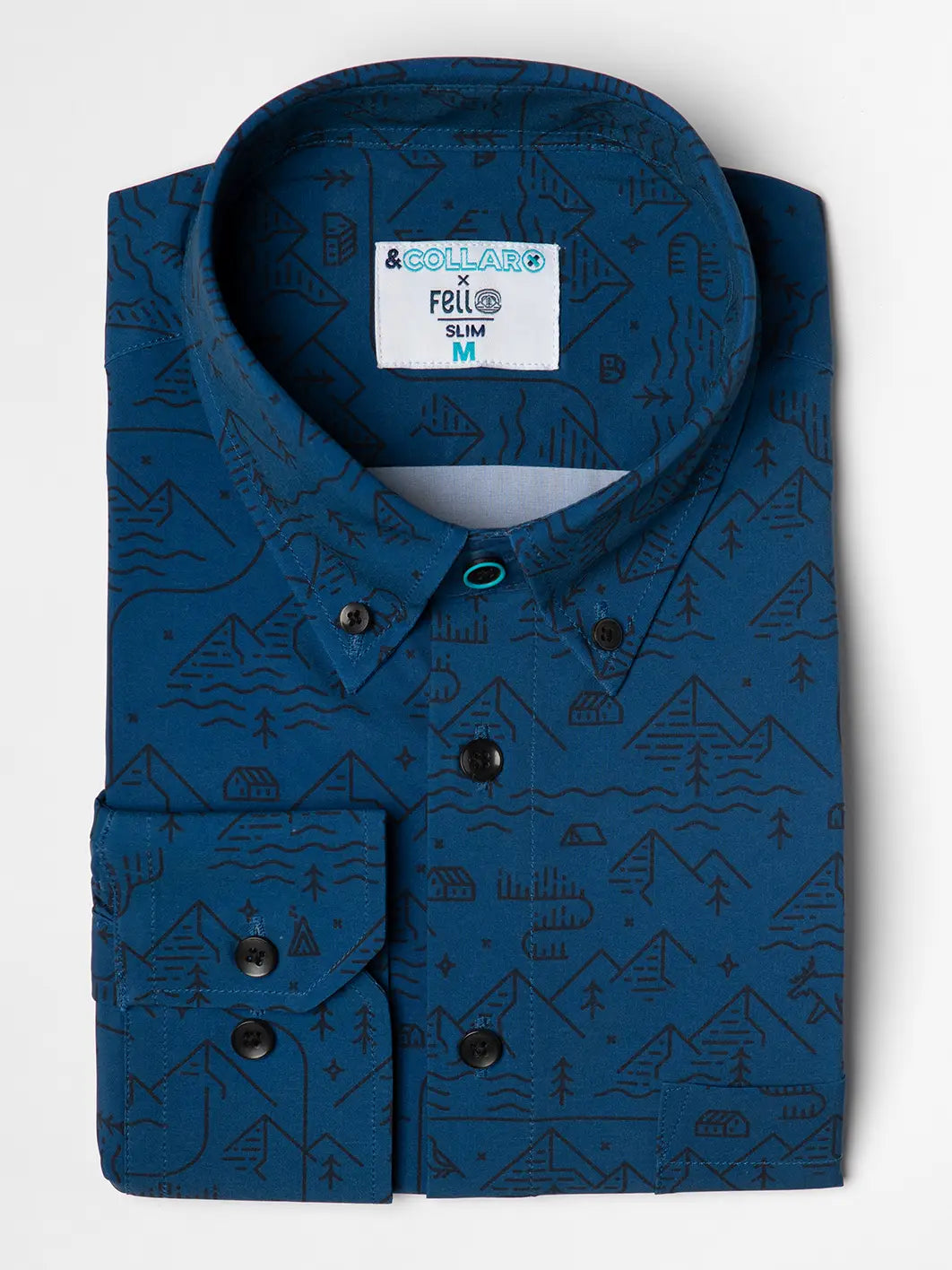 Faire,&Collar, &Collar Dark Blue Alpine Print Long Sleeve Button Up Shirt, Blue, Large-45-TagM