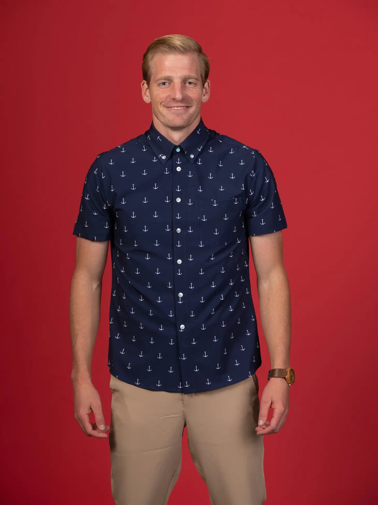 Faire,&Collar, &Collar Navy Anchor Nautical Print Short Sleeve Button Up Shirt, Blue, Large-46-TagM