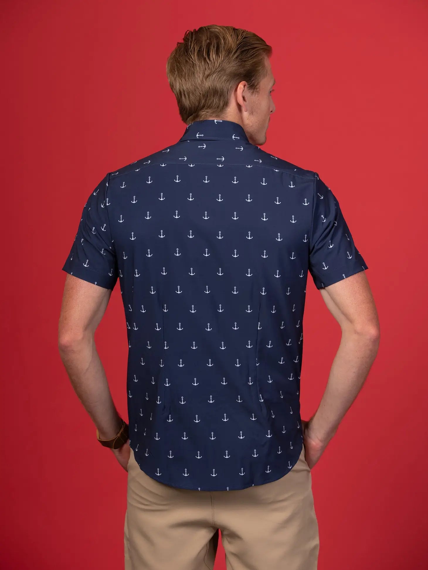 Faire,&Collar, &Collar Navy Anchor Nautical Print Short Sleeve Button Up Shirt, Blue, Medium-42-TagS