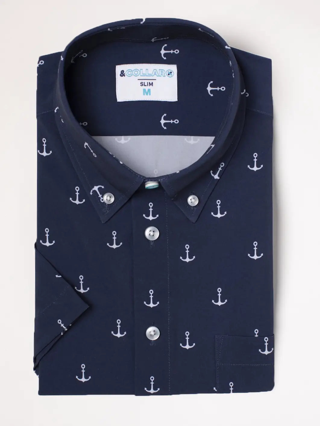 Faire,&Collar, &Collar Navy Anchor Nautical Print Short Sleeve Button Up Shirt, Blue, Large-46-TagM