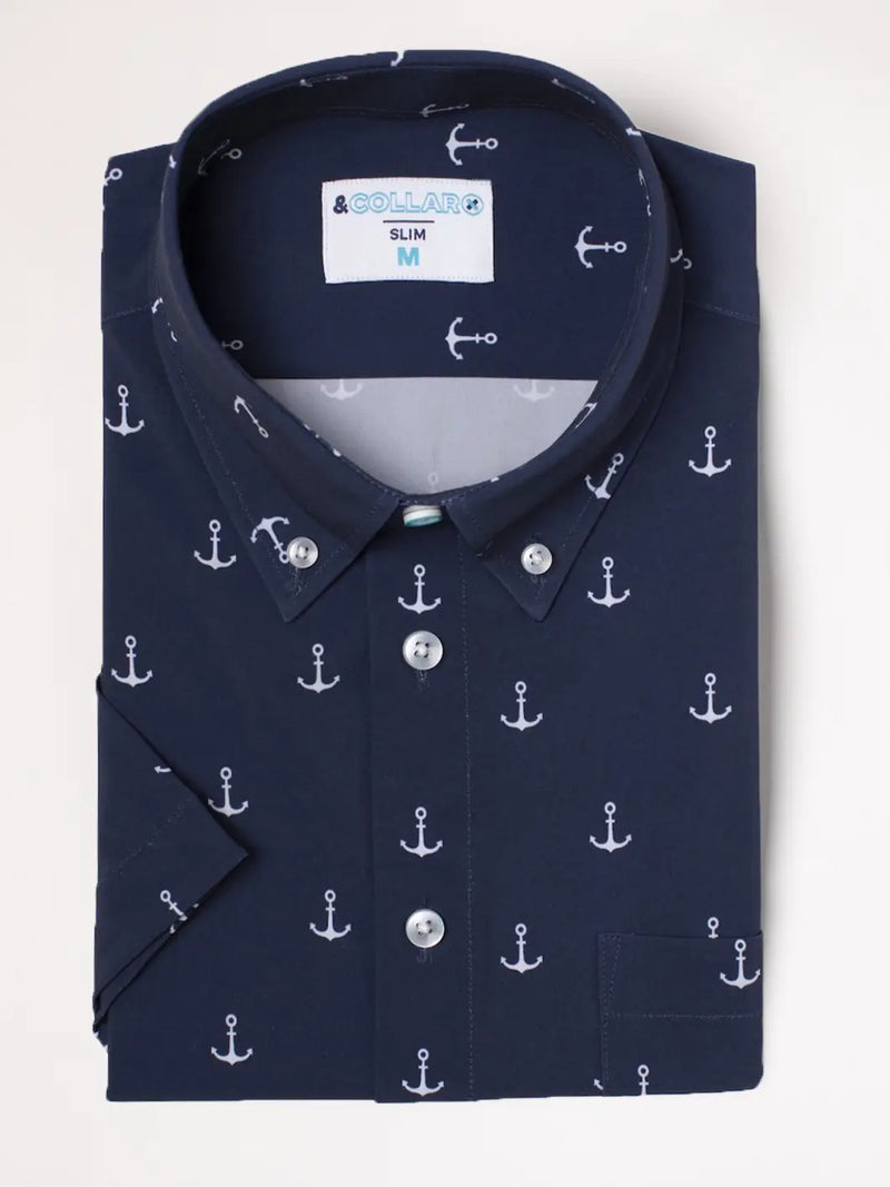 &Collar Navy Anchor Nautical Print Short Sleeve Button Up Shirt