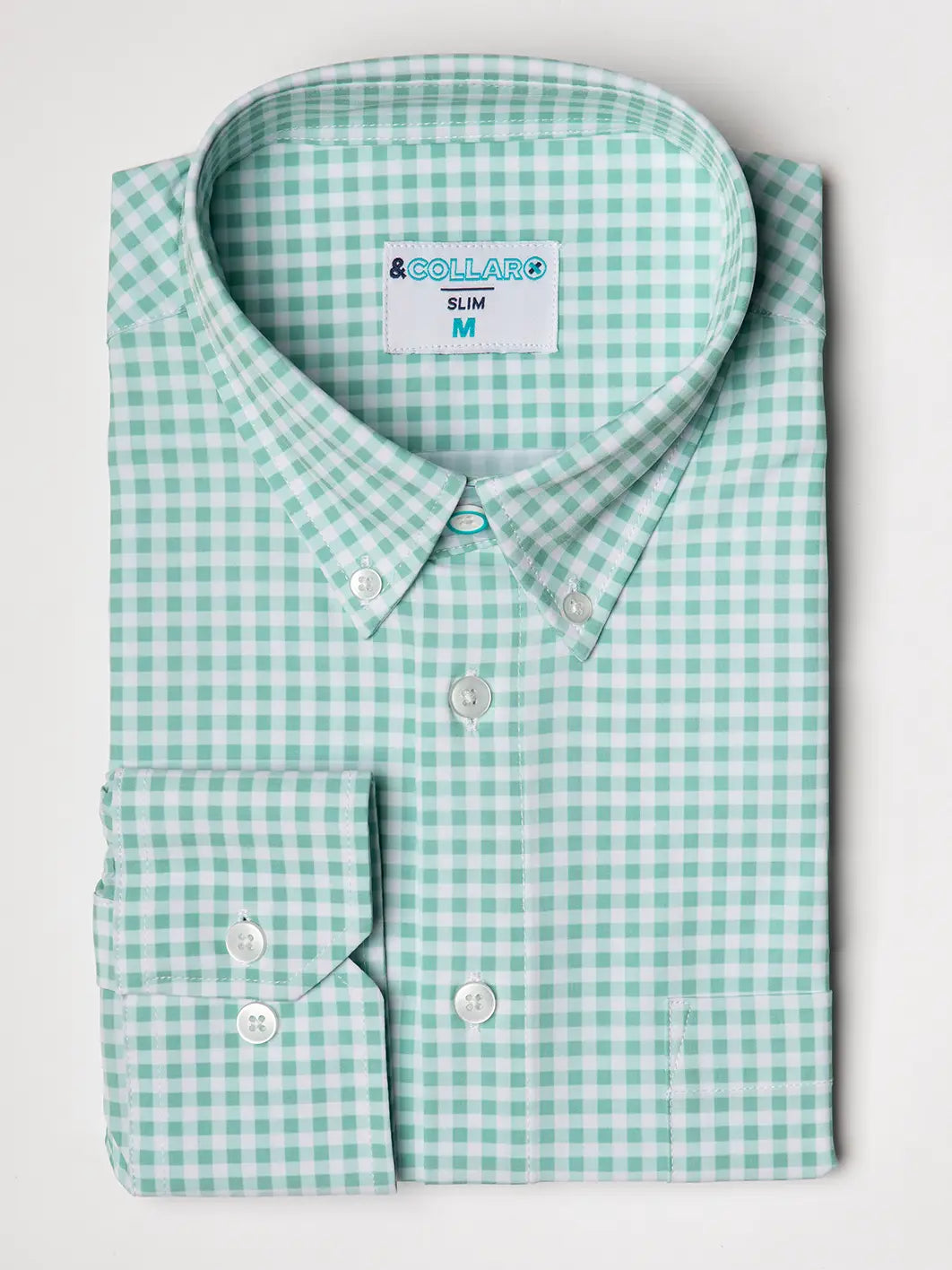 Faire,&Collar, &Collar Seafoam Green Gingham Print Long Sleeve Button Up Shirt, Green, Extra Extra Large-58-TagXXL