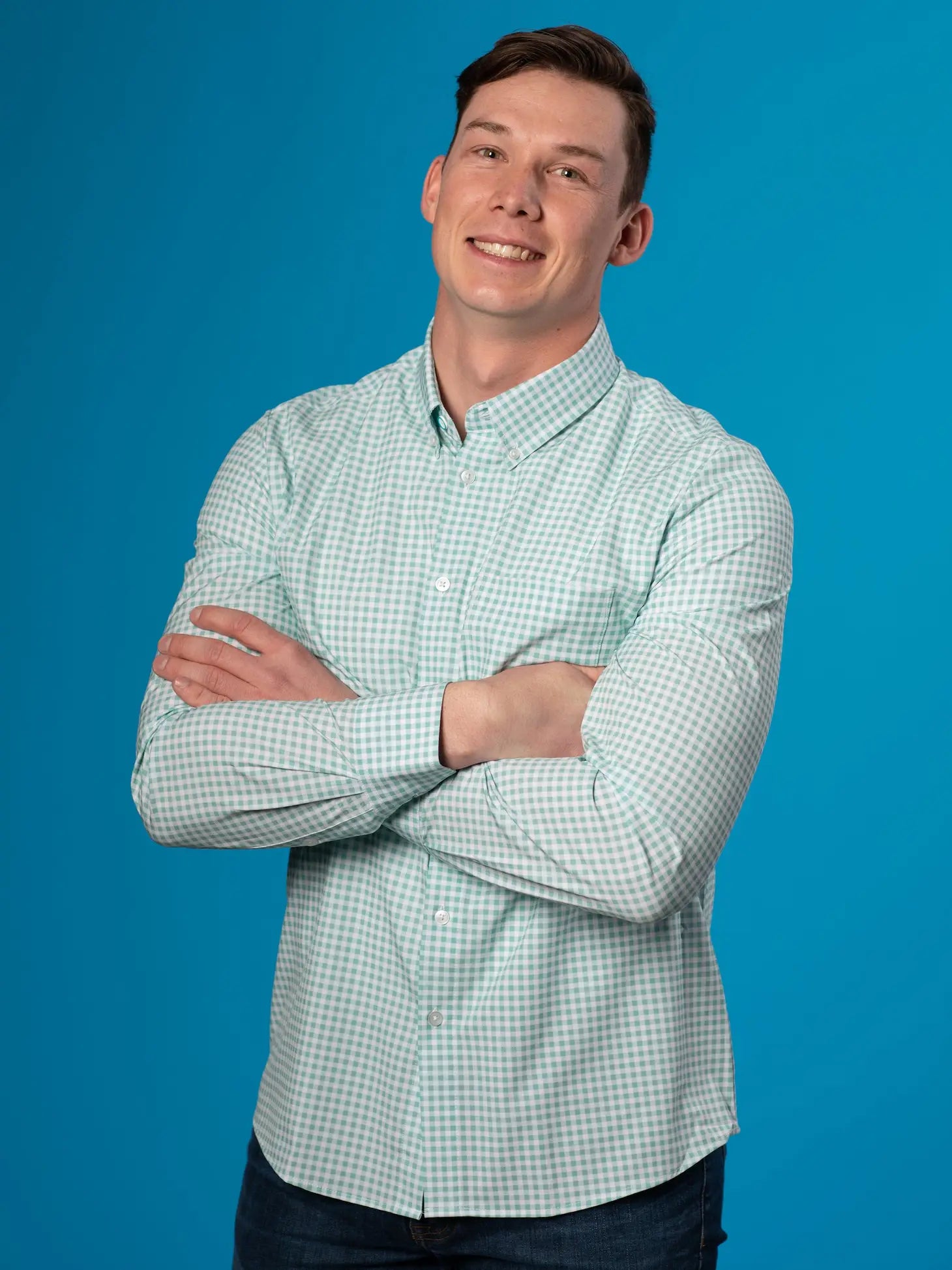 Faire,&Collar, &Collar Seafoam Green Gingham Print Long Sleeve Button Up Shirt, Green, Large-45-TagM