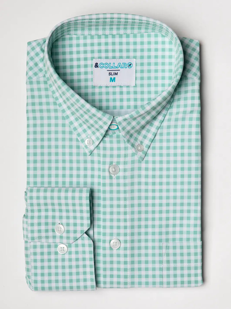 &Collar Seafoam Green Gingham Print Long Sleeve Button Up Shirt