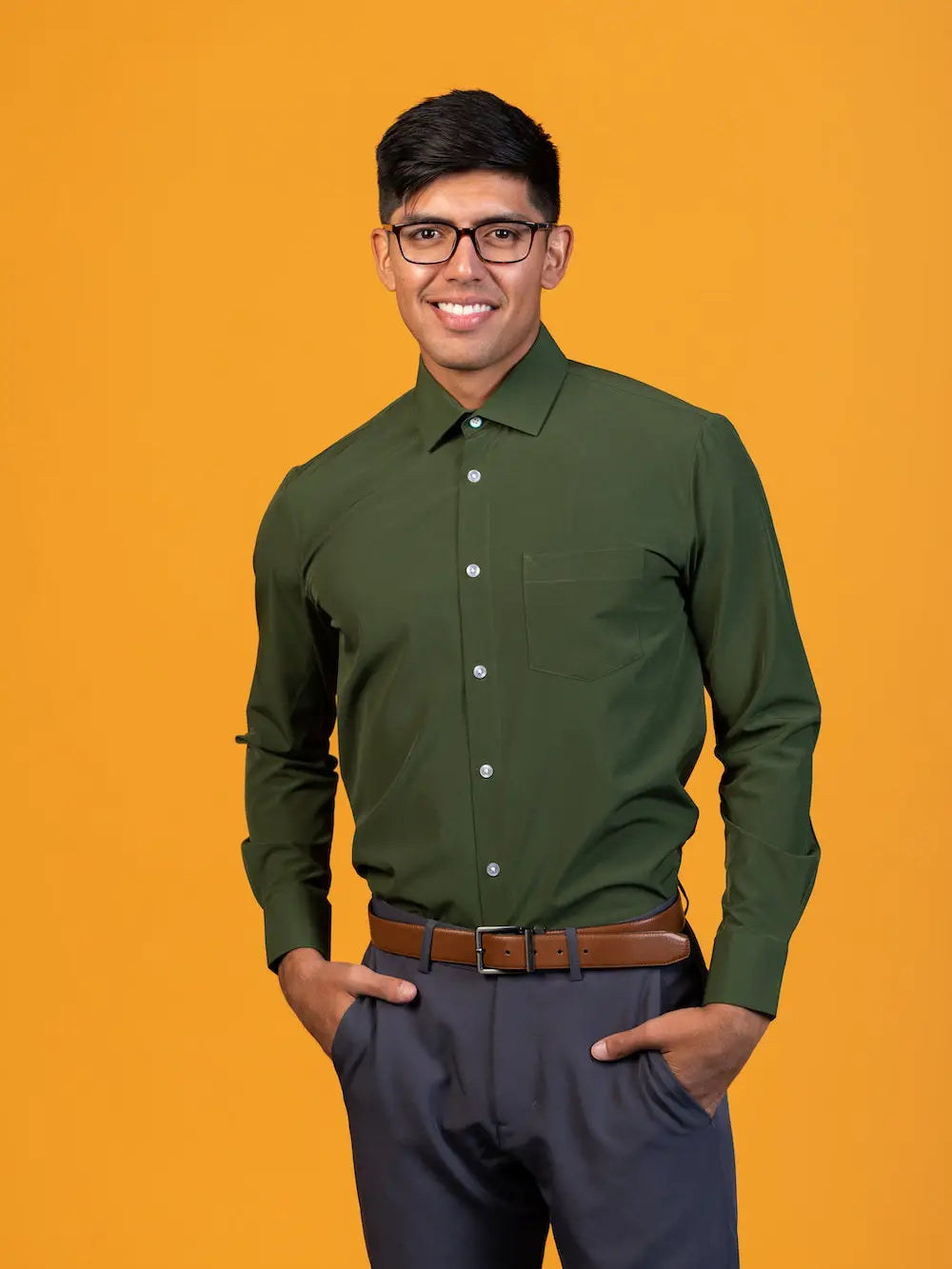 Faire,&Collar, &Collar Olive Green Solid Long Sleeve Button Up Shirt With Front Pocket, Green, Extra Extra Large-57-TagXXL