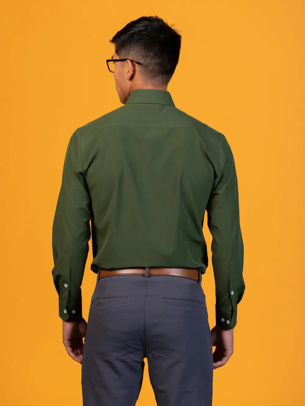 Faire,&Collar, &Collar Olive Green Solid Long Sleeve Button Up Shirt With Front Pocket, Green, Large-45-TagM