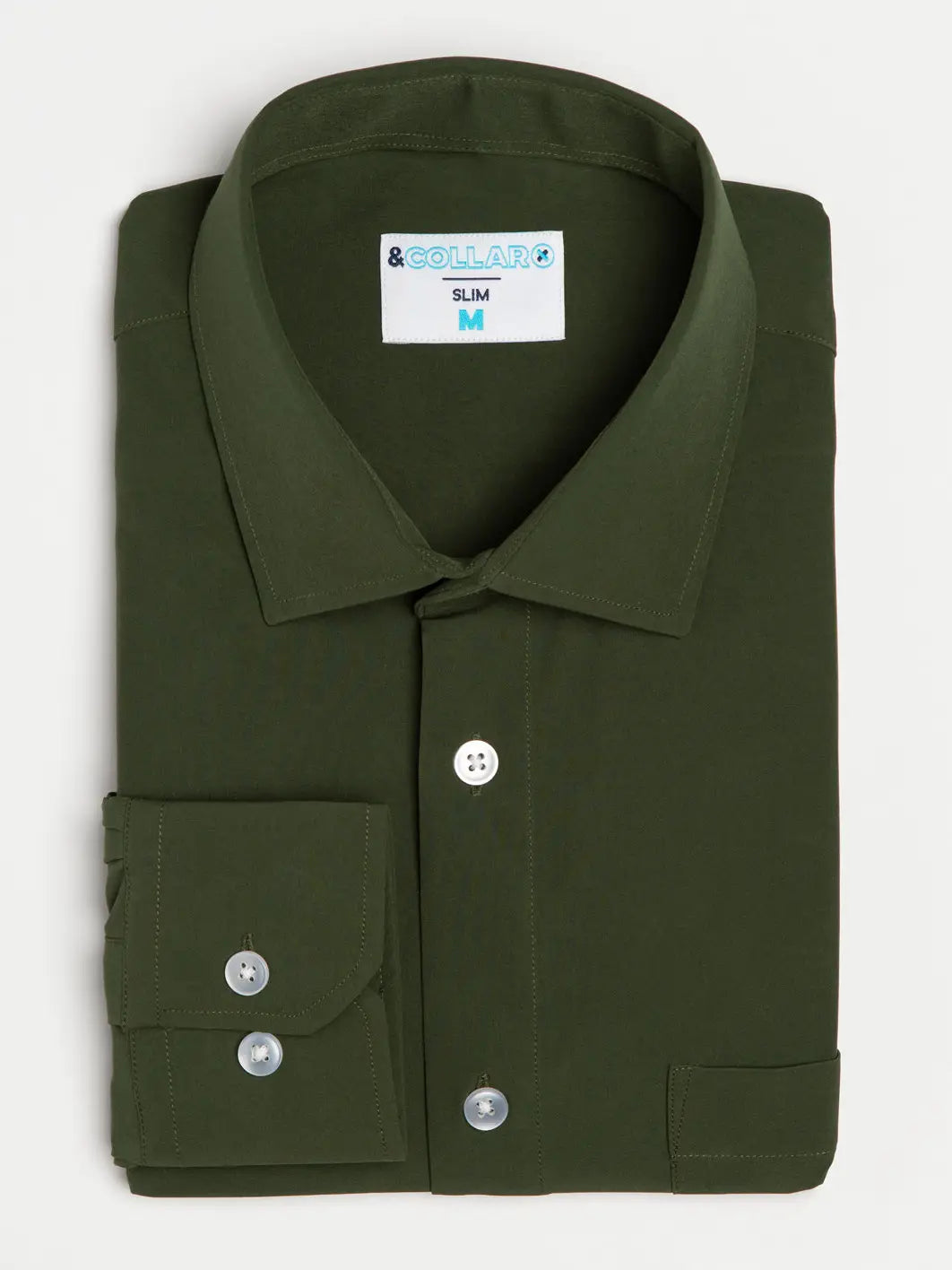 Faire,&Collar, &Collar Olive Green Solid Long Sleeve Button Up Shirt With Front Pocket, Green, Extra Extra Large-57-TagXXL