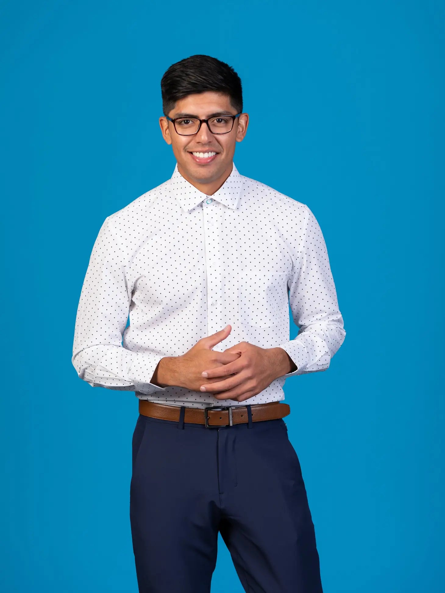 Faire,&Collar, &Collar White With Black Polka Dot Print Slim Fit Long Sleeve Button Up Shirt With Front Pocket, White, Medium-42-TagL