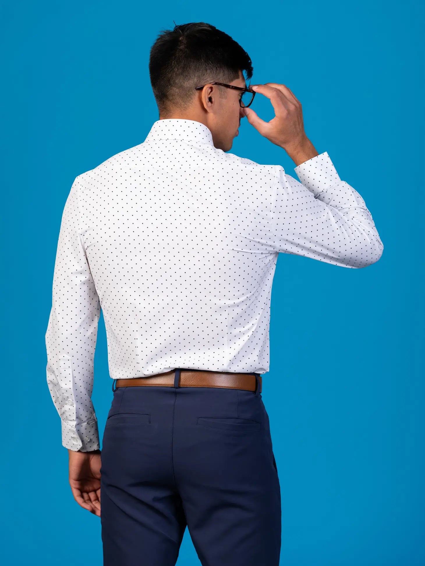 Faire,&Collar, &Collar White With Black Polka Dot Print Slim Fit Long Sleeve Button Up Shirt With Front Pocket, White, Large-44-TagXL