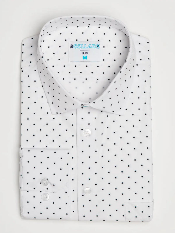 &Collar White With Black Polka Dot Print Slim Fit Long Sleeve Button Up Shirt With Front Pocket