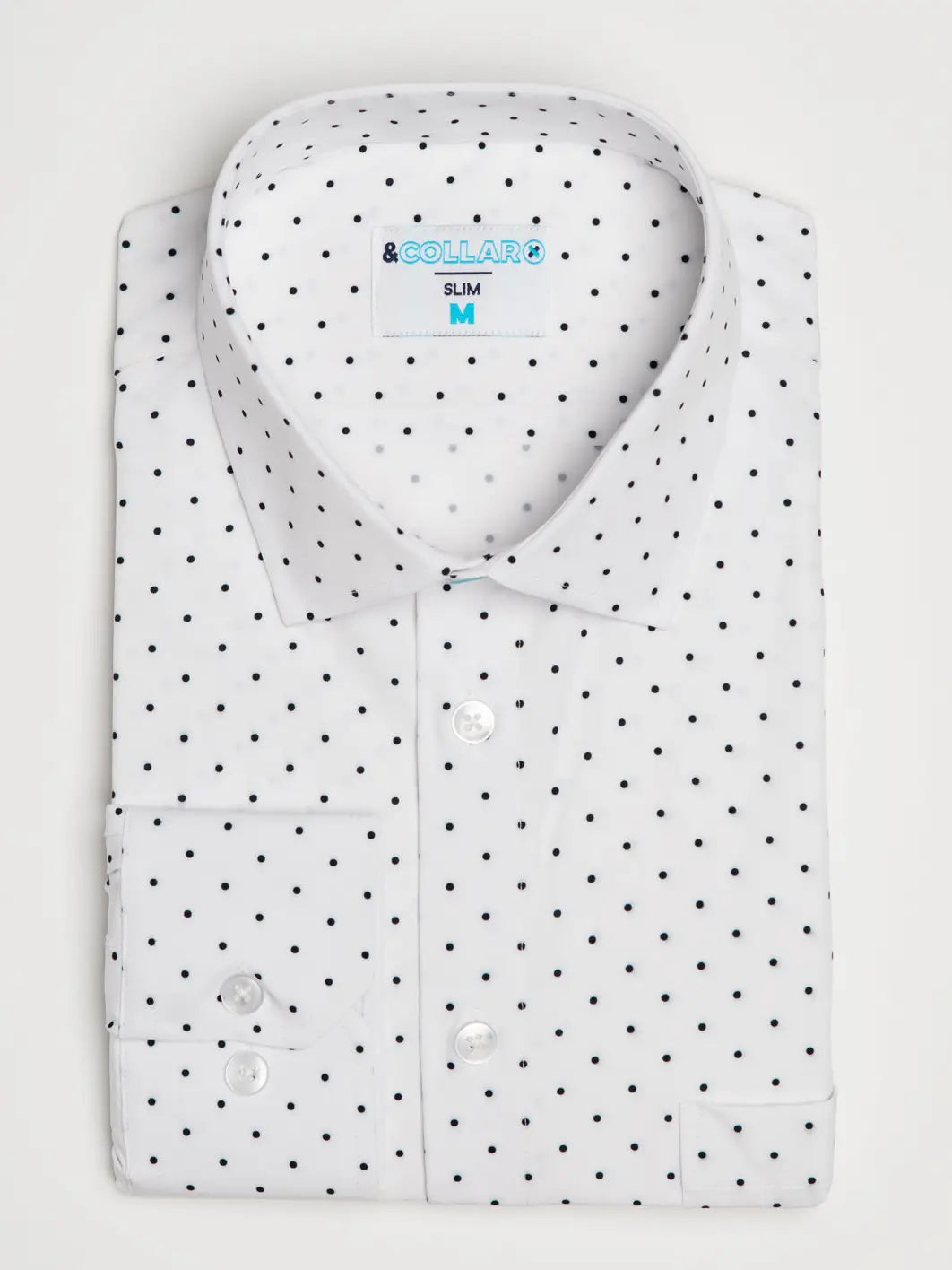 Faire,&Collar, &Collar White With Black Polka Dot Print Slim Fit Long Sleeve Button Up Shirt With Front Pocket, White, Large-44-TagXLMedium-42-TagLSmall-40-TagMSmall-40-TagS