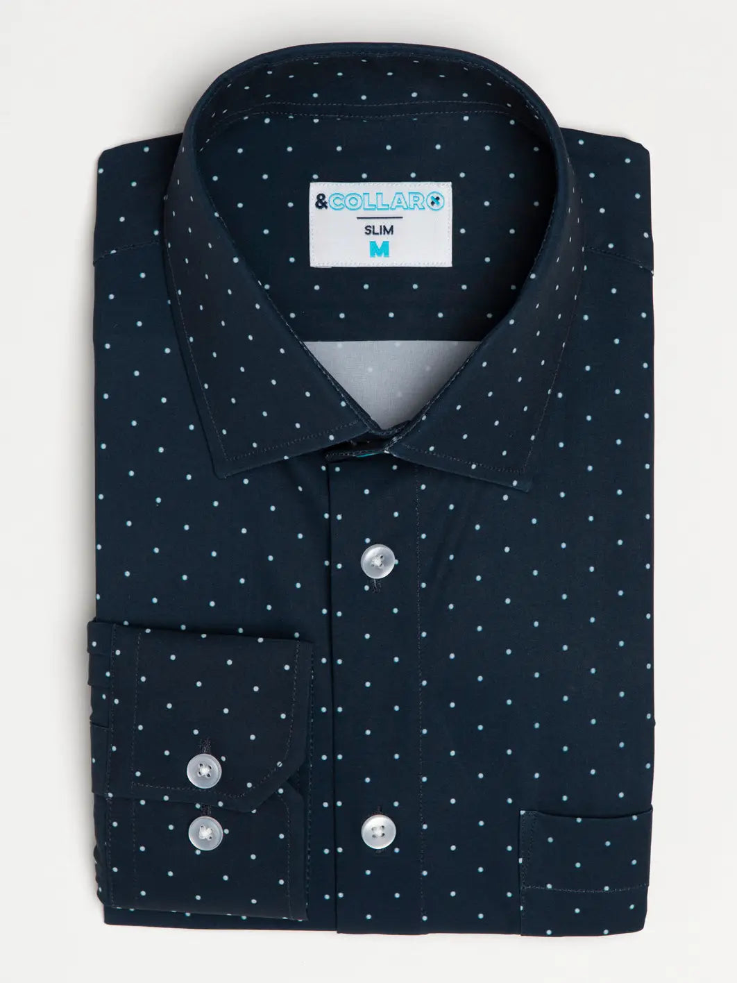 Faire,&Collar, &Collar Navy With White Polka Dot Print Long Sleeve Button Up Shirt With Front Pocket, Blue, Large-45-TagMExtra Large-50-TagLMedium-42-TagS
