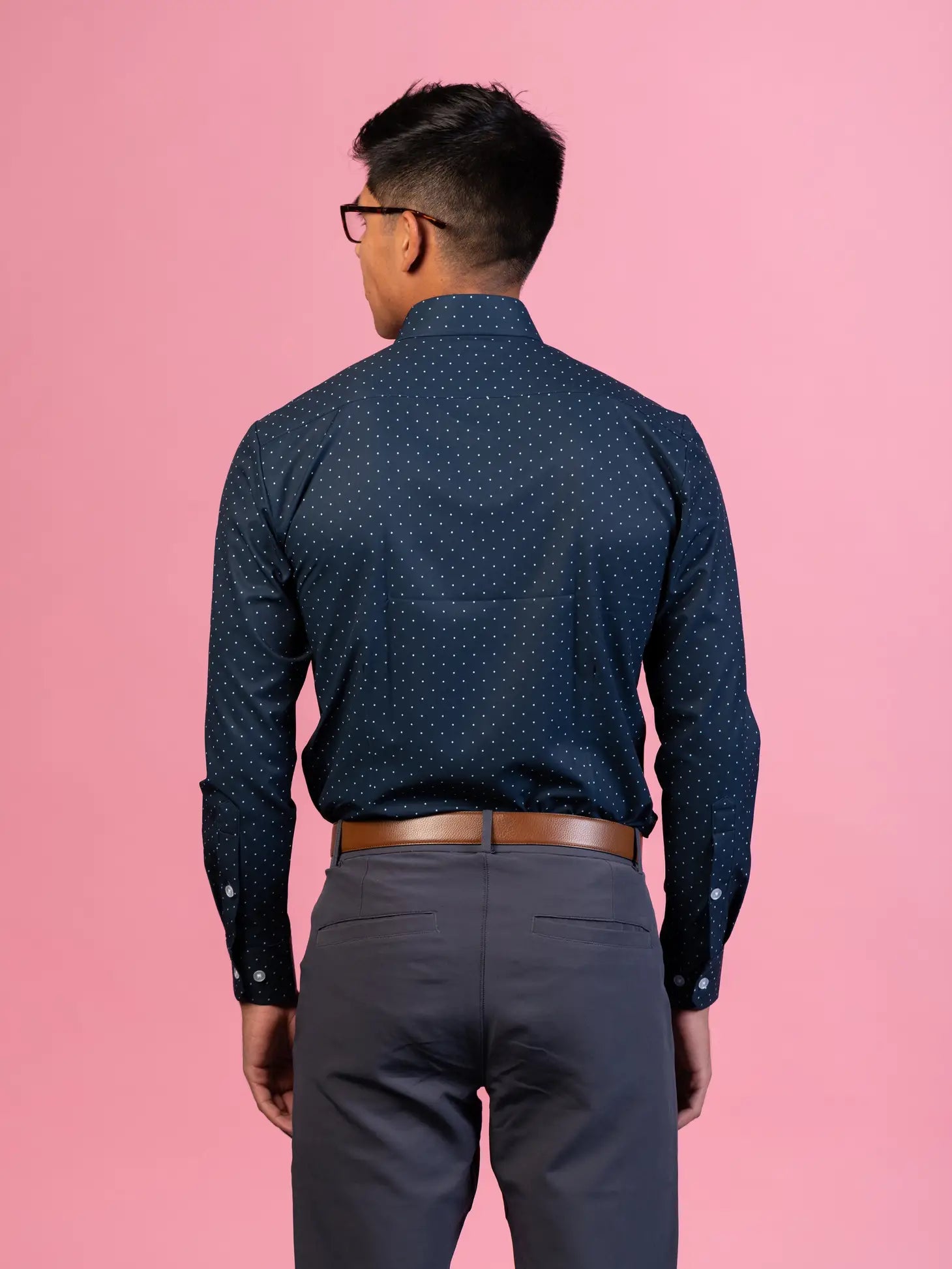 Faire,&Collar, &Collar Navy With White Polka Dot Print Long Sleeve Button Up Shirt With Front Pocket, Blue, Extra Large-50-TagL