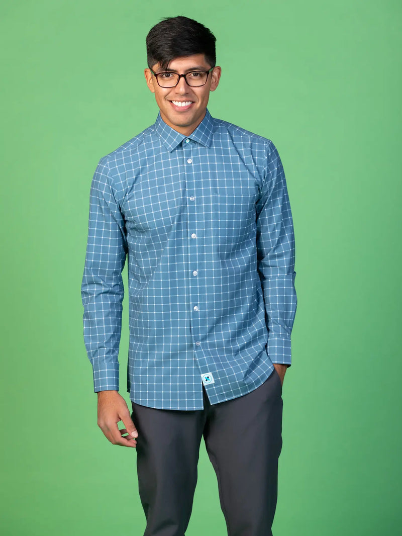 &Collar Blue With White Plaid Print Slim Fit Long Sleeve Button Up Shirt With Front Pocket