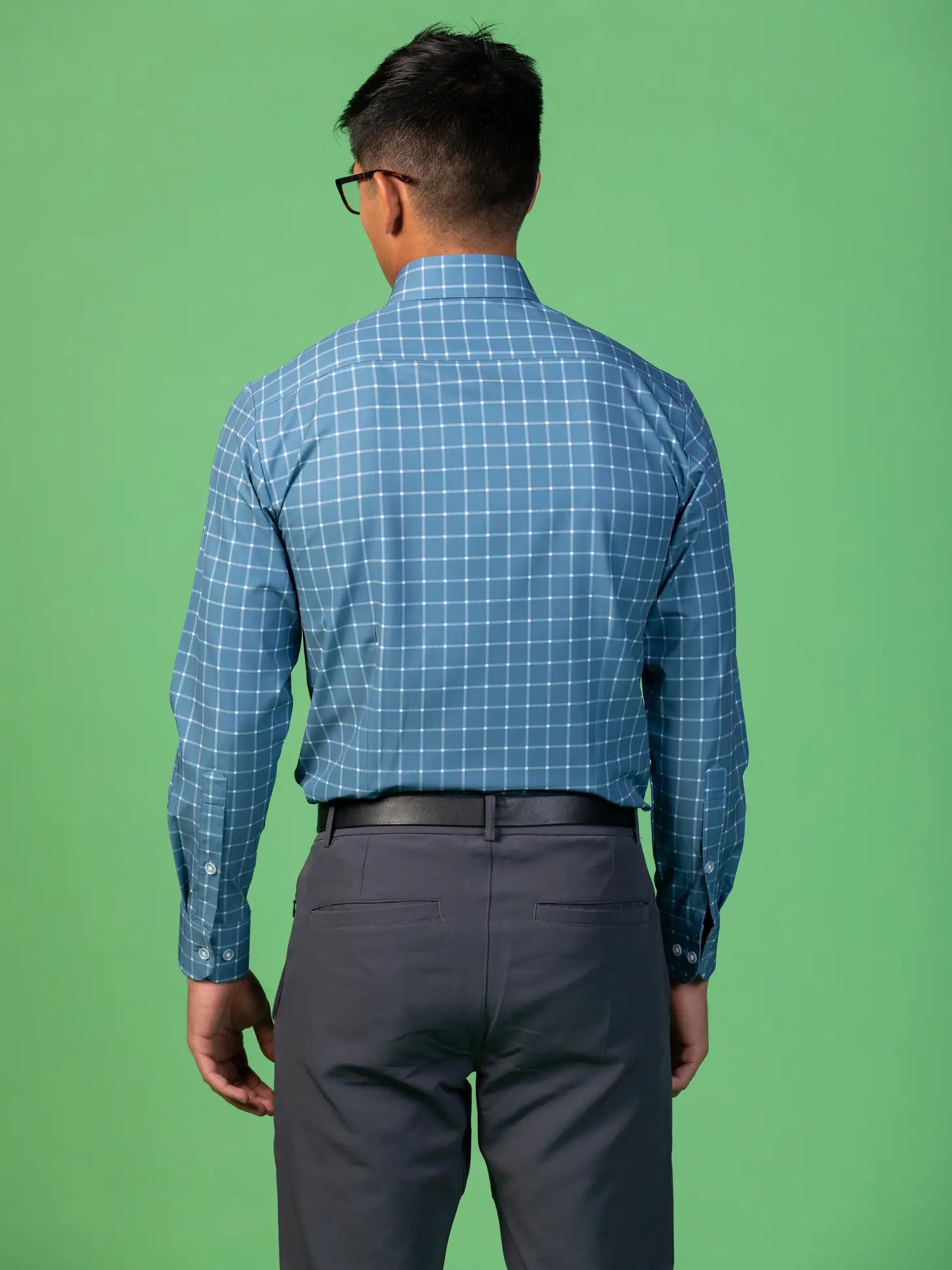 Faire,&Collar, &Collar Blue With White Plaid Print Slim Fit Long Sleeve Button Up Shirt With Front Pocket, Blue, Medium-43-TagXL