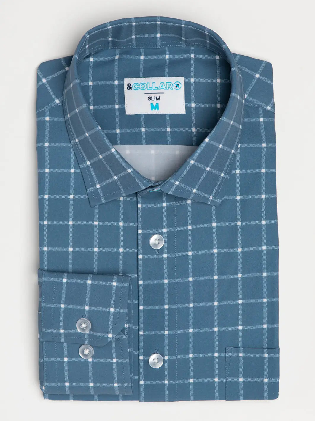 Faire,&Collar, &Collar Blue With White Plaid Print Slim Fit Long Sleeve Button Up Shirt With Front Pocket, Blue, Medium-43-TagXL
