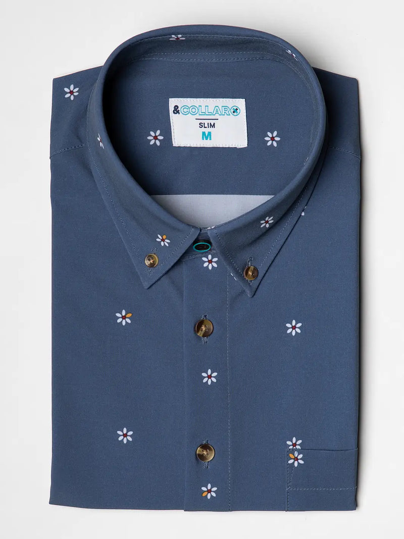 &Collar Dark Blue With Daisy Print Short Sleeve Button Up Shirt