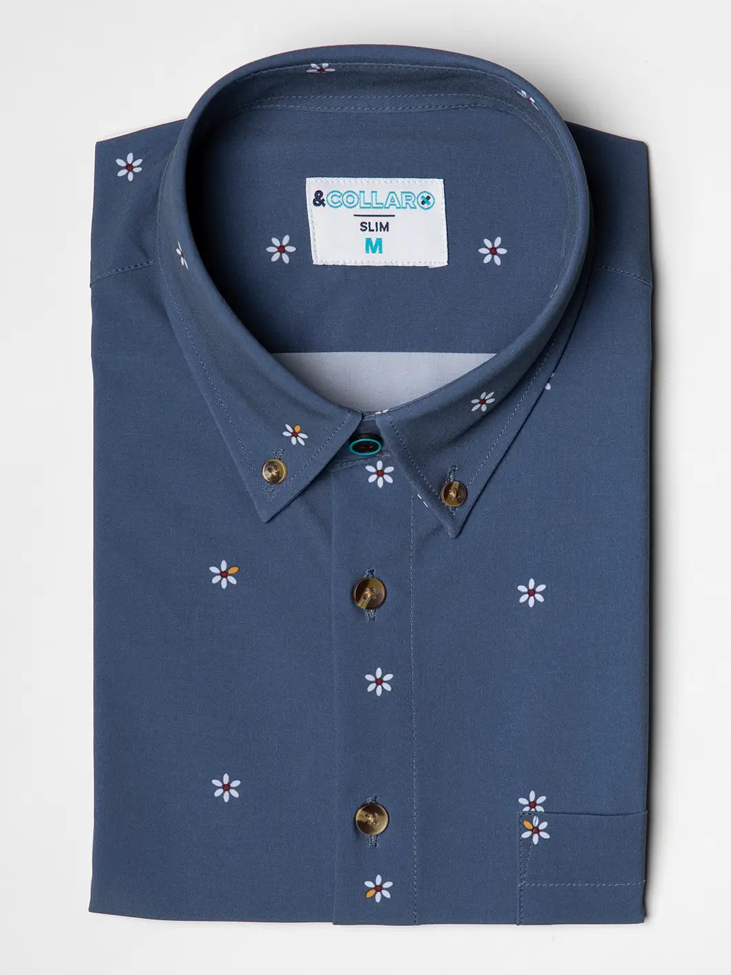 Faire,&Collar, &Collar Dark Blue With Daisy Print Short Sleeve Button Up Shirt, Blue, Large-46-TagM