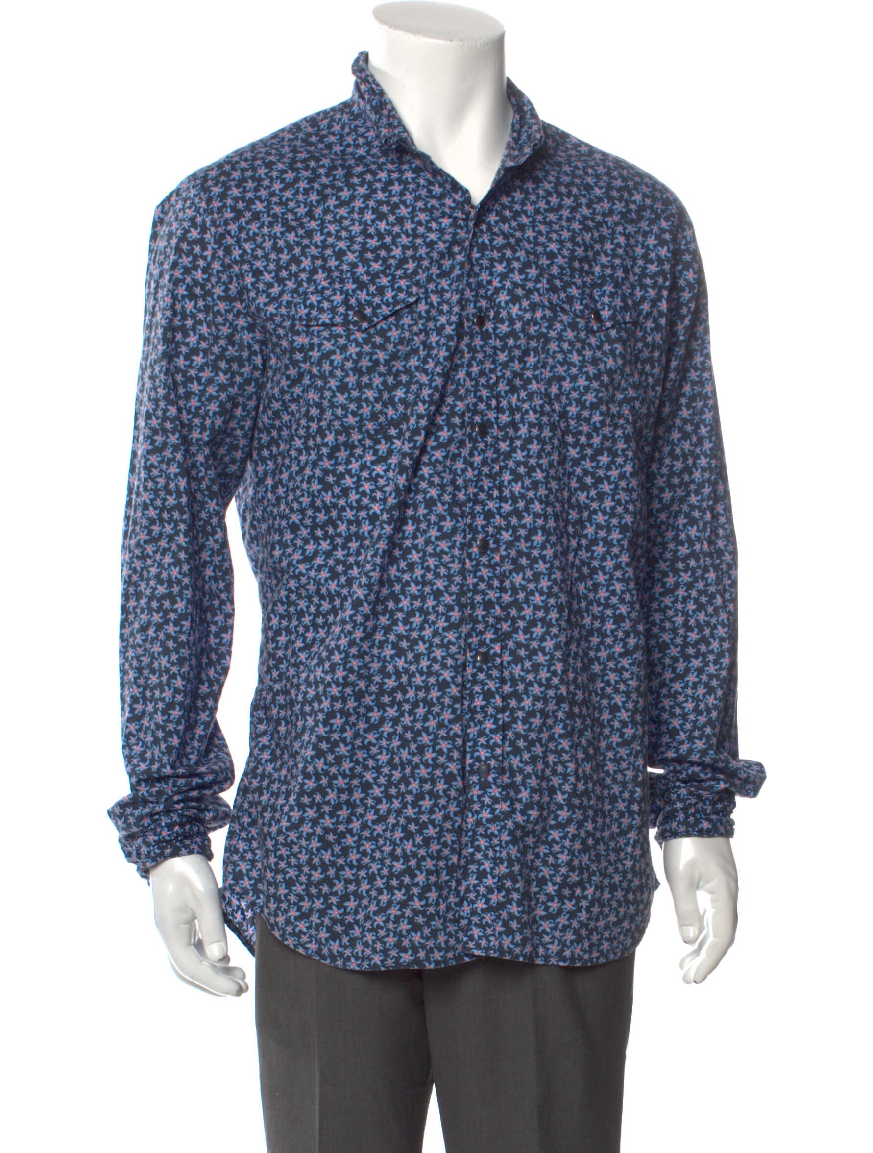 Diesel, Diesel Blue Floral Print Button Up, Blue, Large-45-TagL