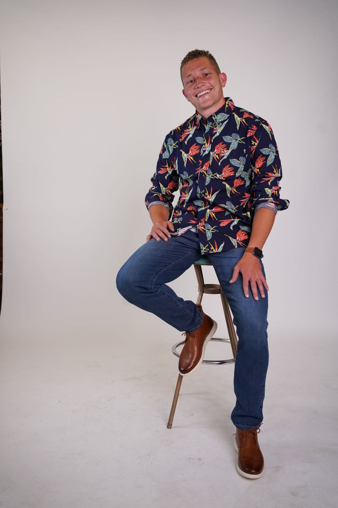 Brand Partner,Modern Liberation, Modern Liberation Navy Birds Of Paradise Print Button Up Shirt, Blue, Medium-44-TagM