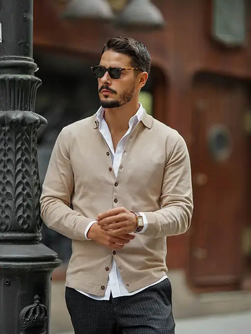 Faire,Donato, Donato Tan Knit Long Sleeve Button Up Cardigan, Tan, Large-44-TagXL