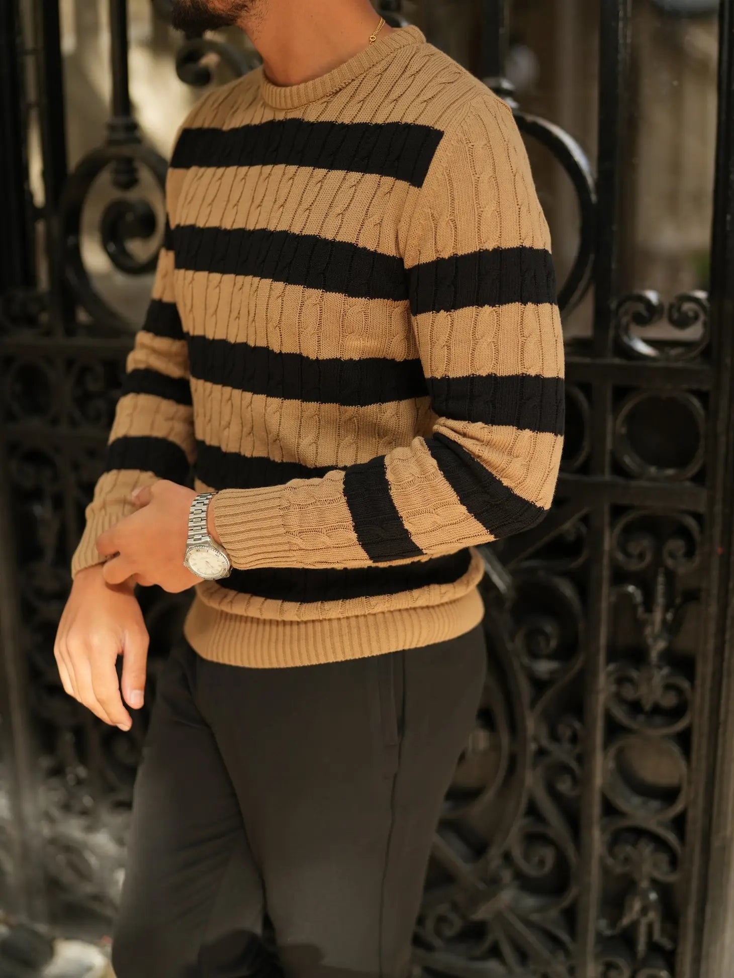 Faire,Donato, Donato Caramel Brown And Black Horizontally Striped Cable Knit Crewneck Sweater, Brown, Extra Large-45-TagXLExtra Small-34-TagLExtra Small-34-TagSSmall-38-TagL