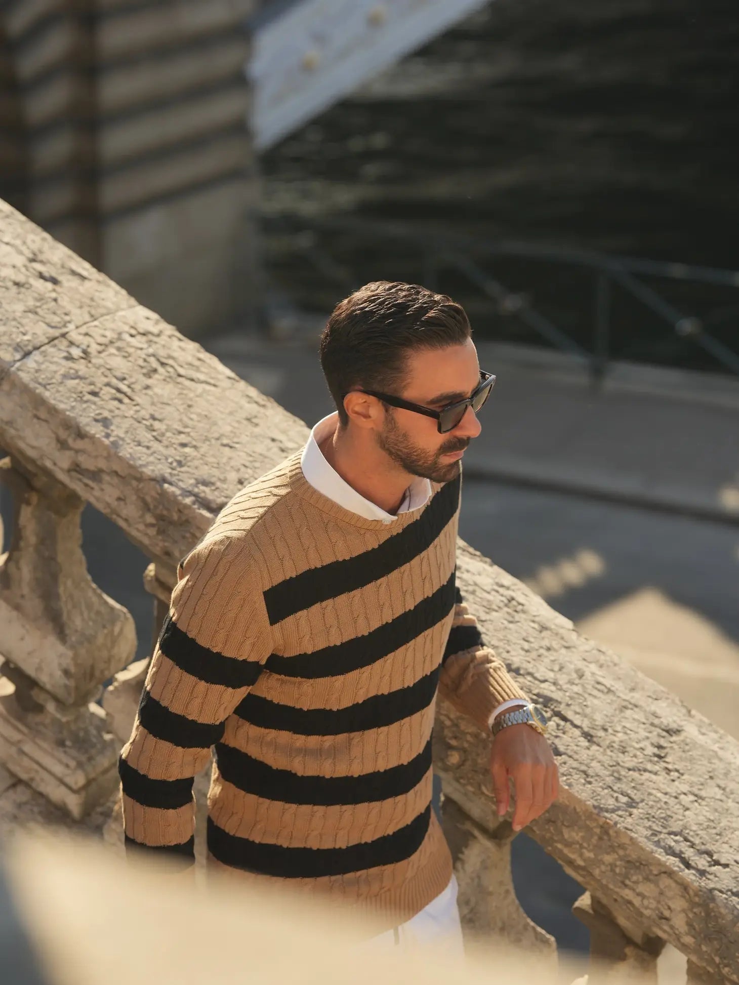 Faire,Donato, Donato Caramel Brown And Black Horizontally Striped Cable Knit Crewneck Sweater, Brown, Small-38-TagL