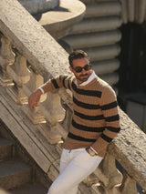 Donato Caramel Brown And Black Horizontally Striped Cable Knit Crewneck Sweater