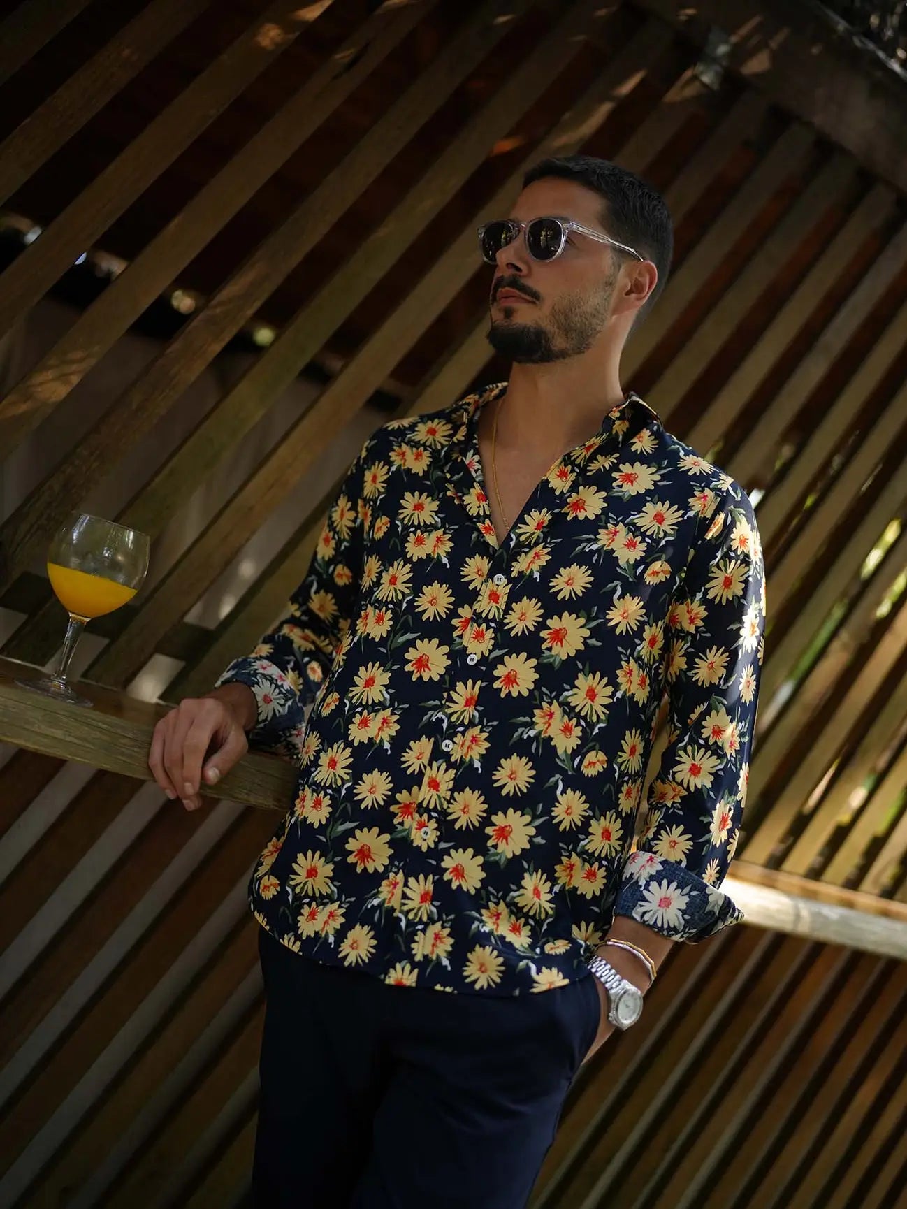 Faire,Donato, Donato Navy With Yellow Floral Print Long Sleeve Slim Fit Button Up Shirt, Black, Medium-44-TagL