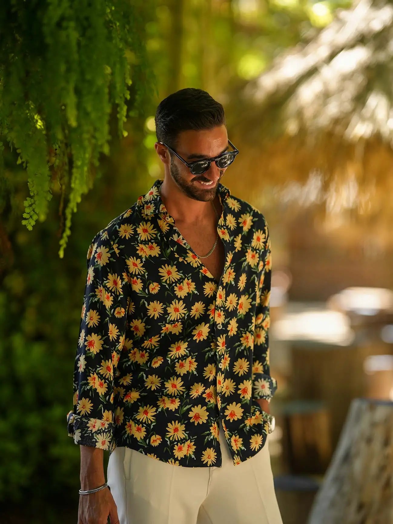 Faire,Donato, Donato Navy With Yellow Floral Print Long Sleeve Slim Fit Button Up Shirt, Black, Medium-44-TagL