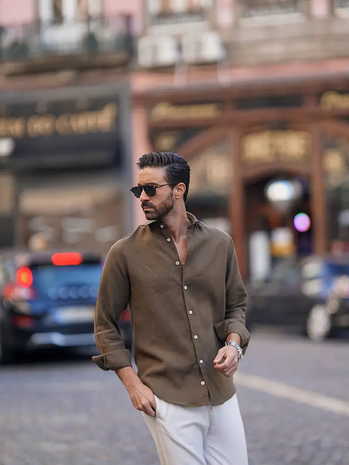 Faire,Donato, Donato Brown Linen Midweight Long Sleeve Button Up Shirt, Brown, Large-45-TagL