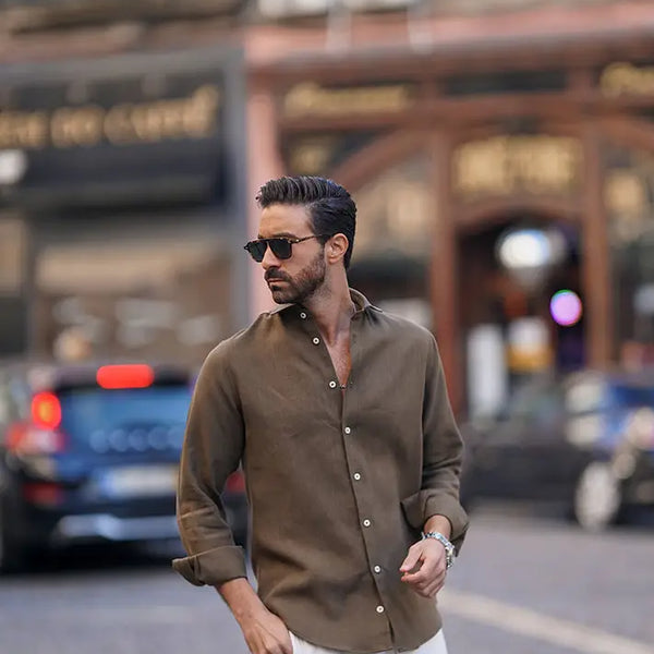 Donato Brown Linen Midweight Long Sleeve Button Up Shirt Taelor